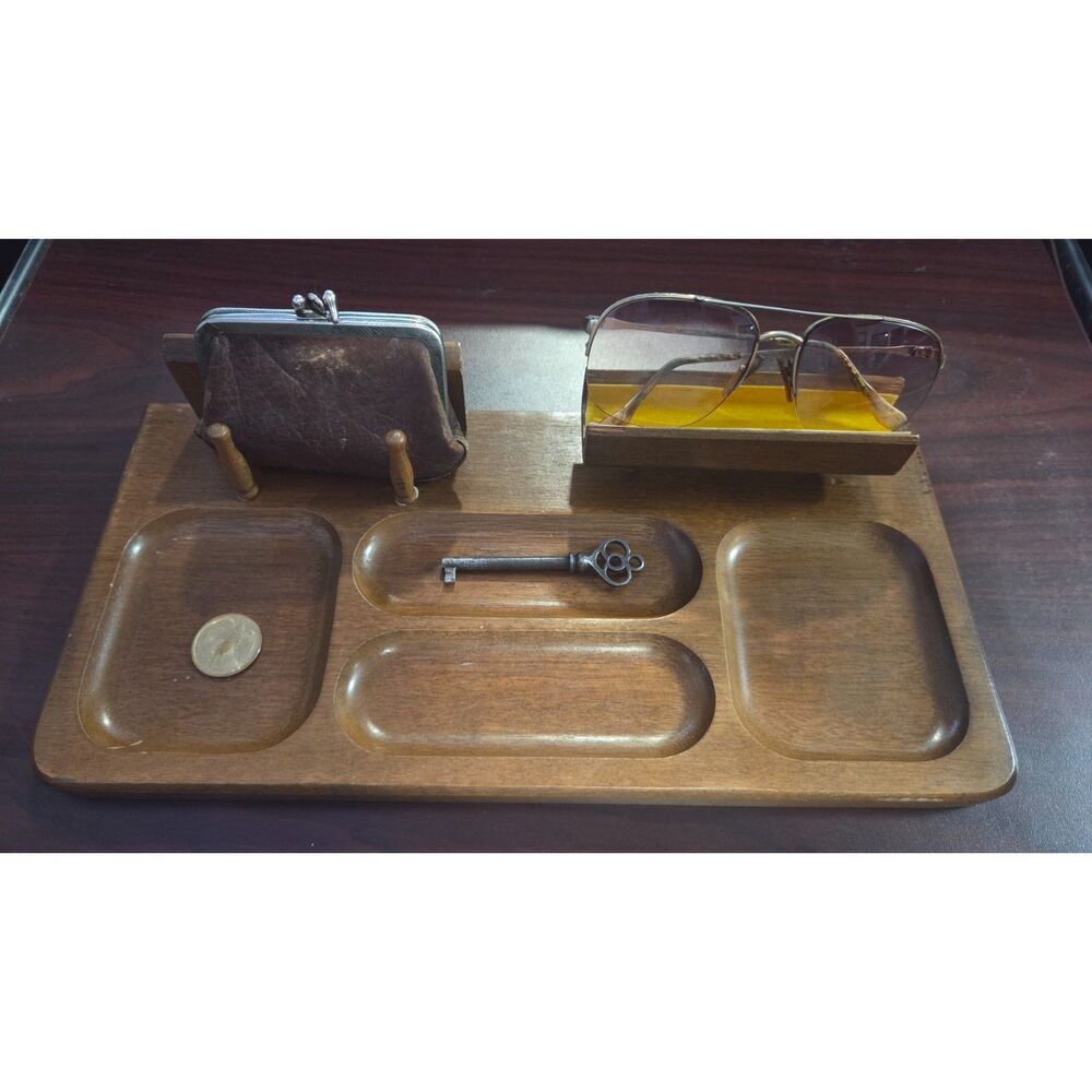 Vintage Mid Century Wood Dresser Valet Tray Organizer Men's Catchall Caddy
